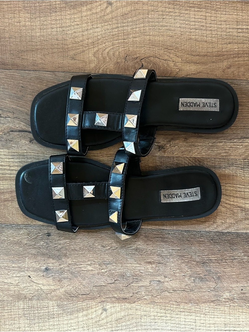 Steve Madden Black Slide Sandals with Silver Pyramid Studs